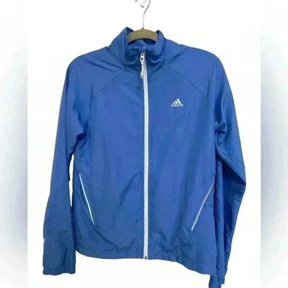 Adidas Women’s Jacket Blue White Full Zip Zip Pockets Track Running Size Medium - Picture 1 of 6